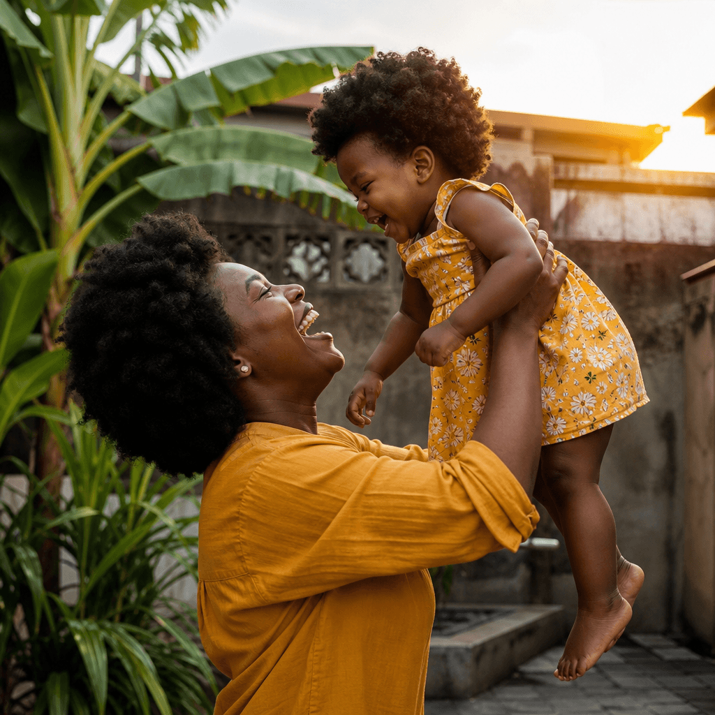 Mother laughing as she lifts her daughter