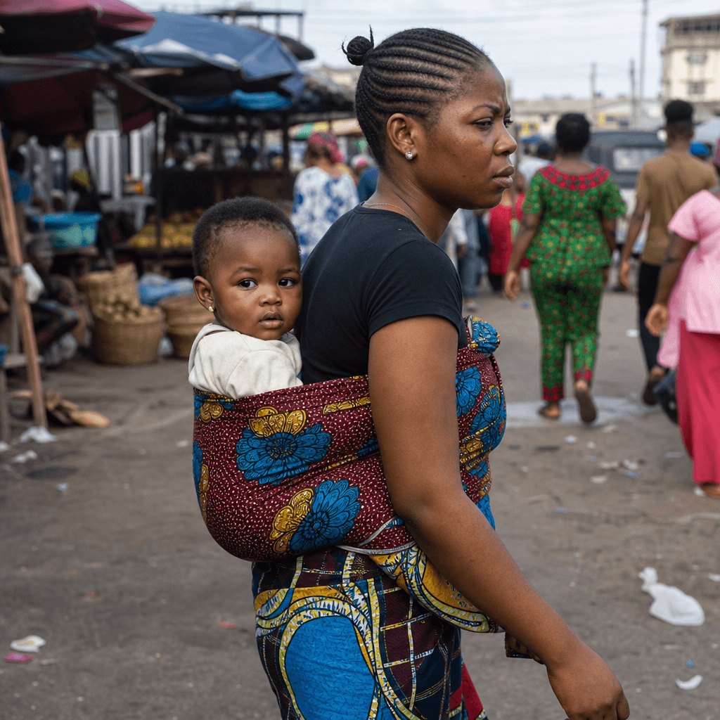 Mother carrying her child on her back at the market
