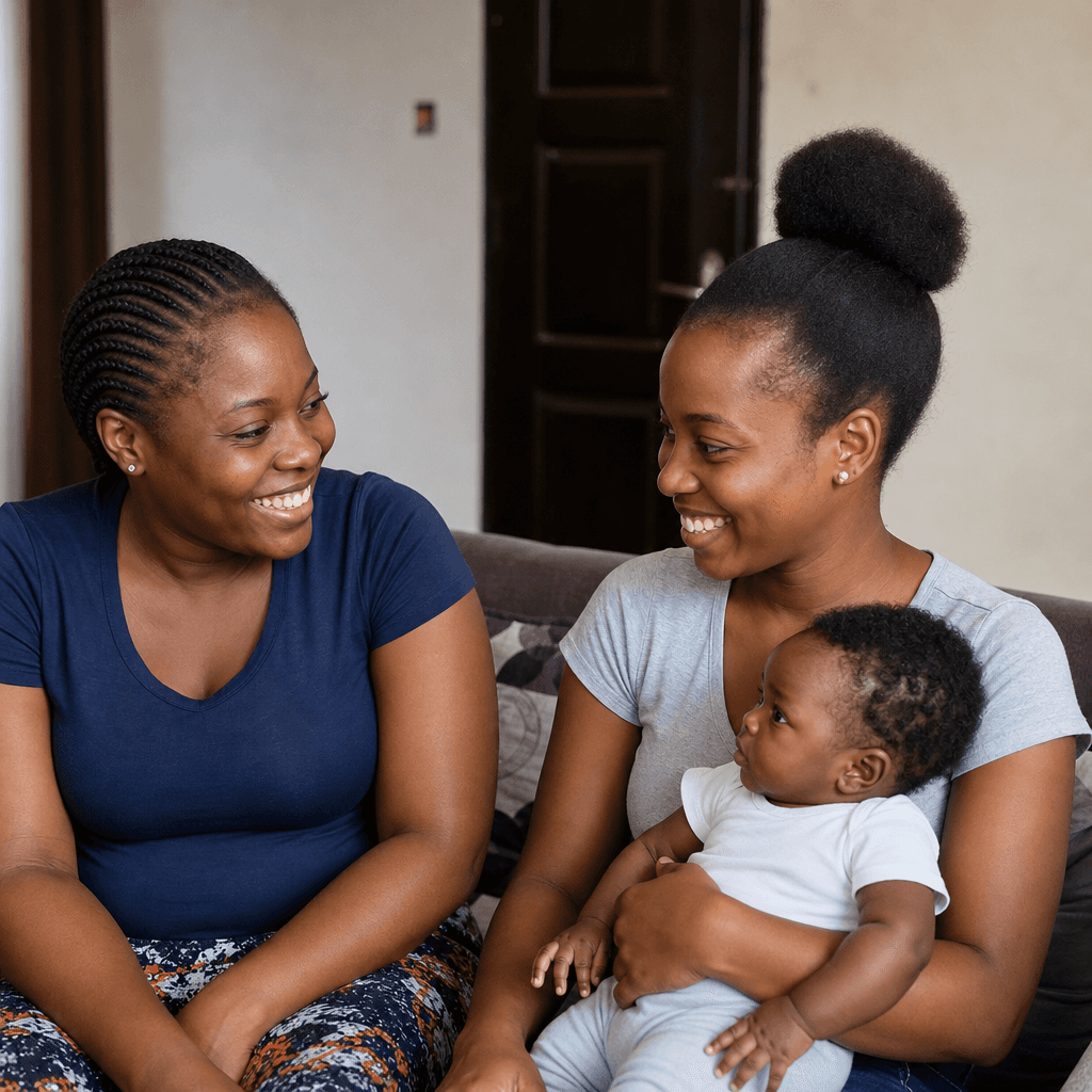 Two mothers sitting together with a baby